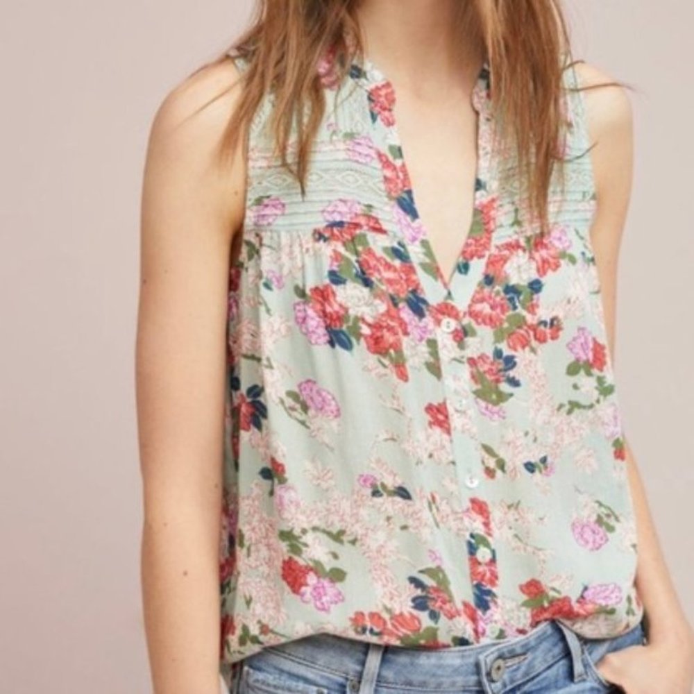 Anthropologie Meadow Rue Pintucked Floral Sleevele